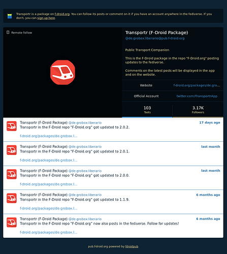 Mockup of the account of the package Transportr in the F-Droid repo "F-Droid.org" showing posts with last updates