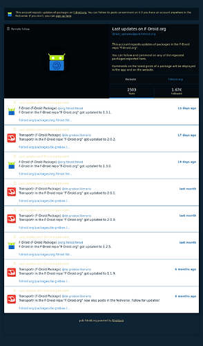 Mockup of a post of the package Transportr in the F-Droid repo "F-Droid.org" saying it got updated to 1.3.1.